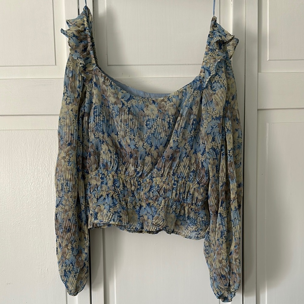 ASTR Blue and Yellow Smocked Blouse with Flutter Sleeves